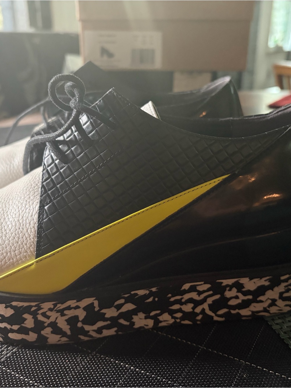 United Nude Black & White Lace-Up Platform Sneakers w Yellow Accents